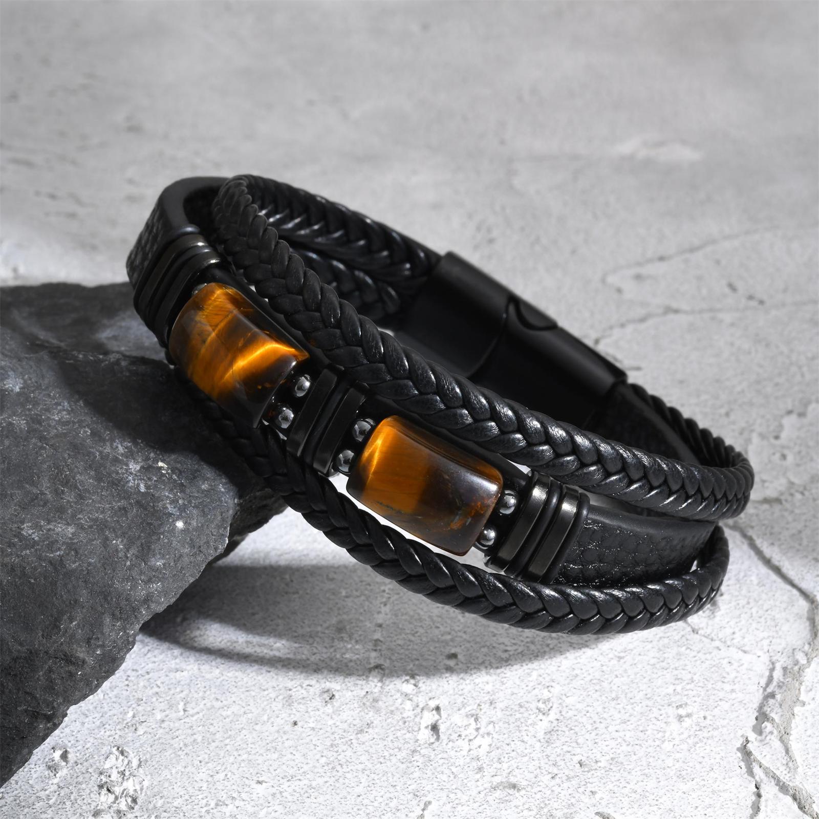 Leatherwork Jewelry - Heren gevlochten leren armband tijgeroog steen